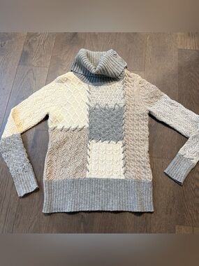Sundance Lambswool Patchwork Turtleneck/Cowlneck Sweater Medium. Tan/Grey/Cream